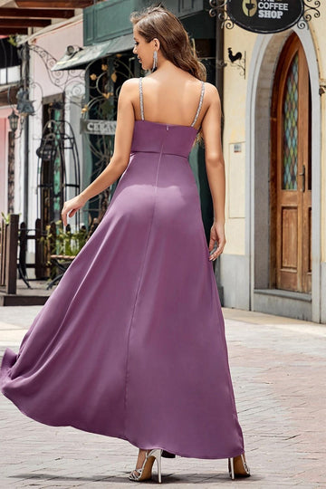 Vestido de fiesta largo de tirantes finos ajustados morado con abertura